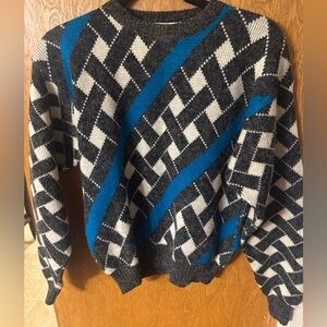 Vintage Geometric Crew Neck Sweater - Black, White, and Blue